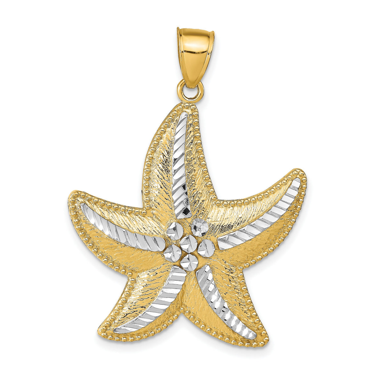 14k Yellow and Rhodium Gold Starfish Pendant, Textured Diamond Cut Two-Tone Nautical Charm
