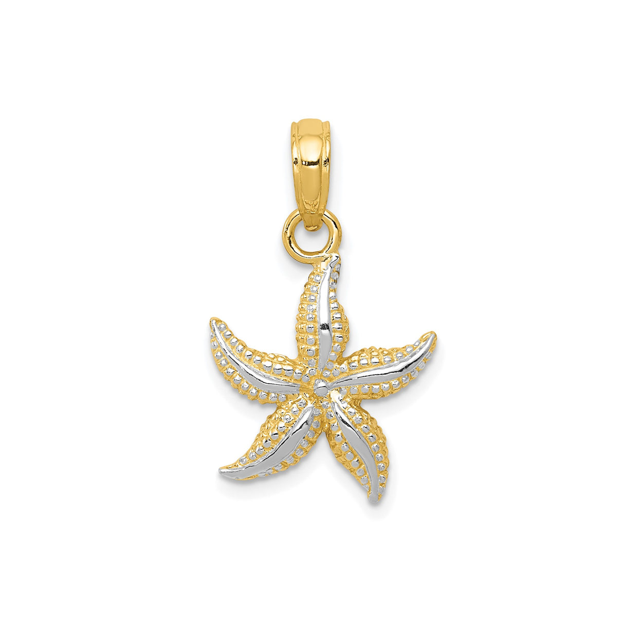 14k Multi-Tone Gold Starfish Pendant with Rhodium Accents, Textured Nautical Charm for Women