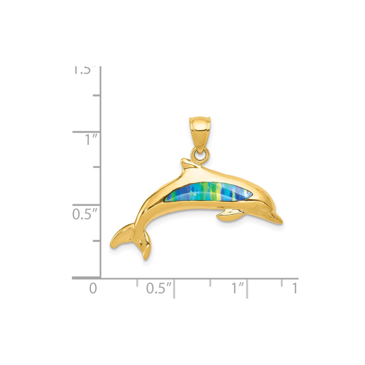 14k Yellow Gold Dolphin Pendant with Blue Green Lab Created Opal, Ocean Theme Jewelry