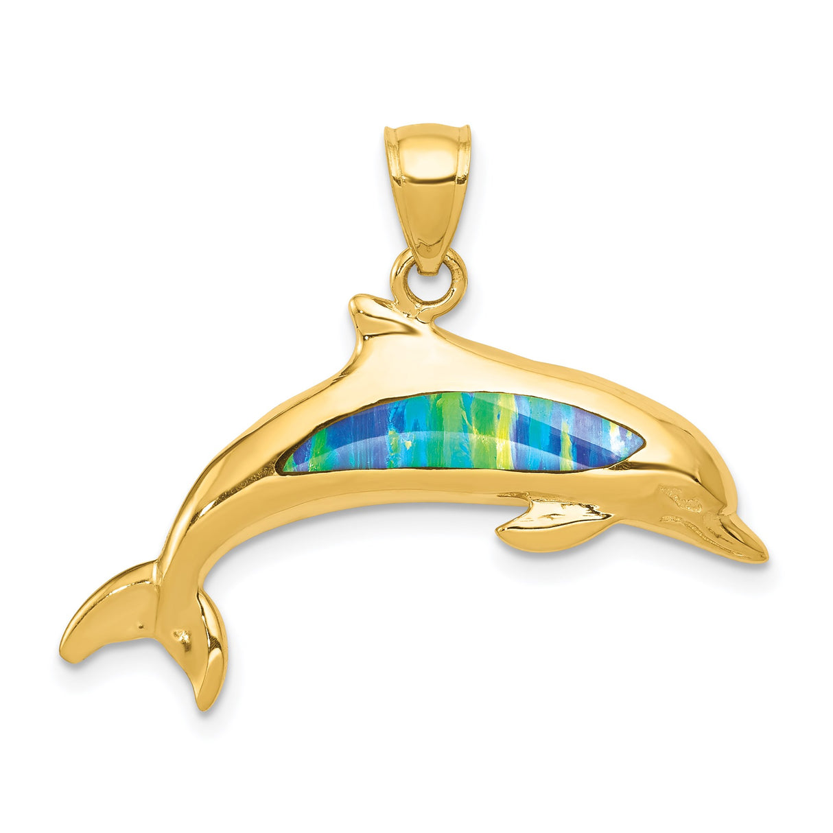 14k Yellow Gold Dolphin Pendant with Blue Green Lab Created Opal, Ocean Theme Jewelry