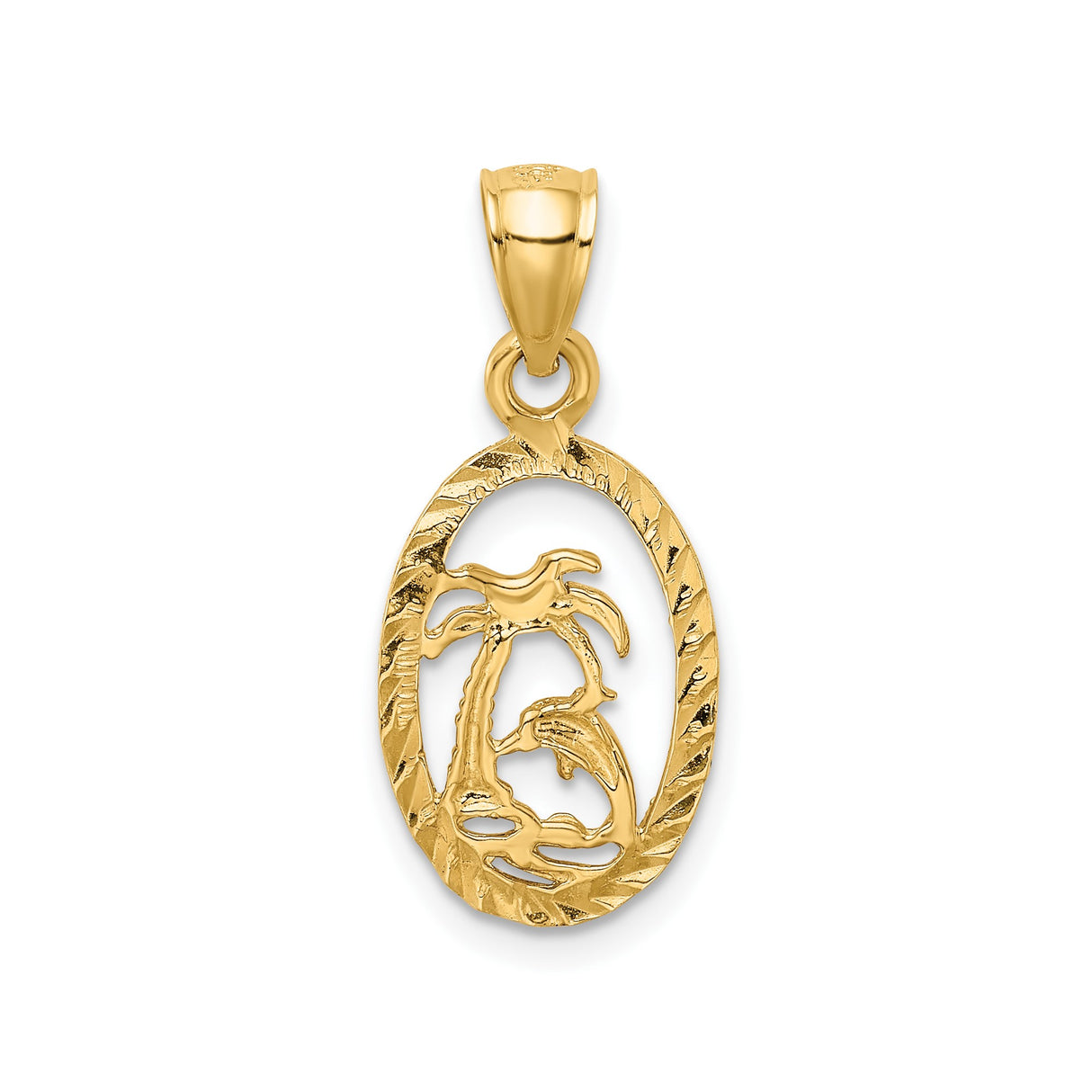 14k Yellow Gold Pendant with Leaping Dolphin and Palm Tree in Oval Frame, Tropical Beach Theme