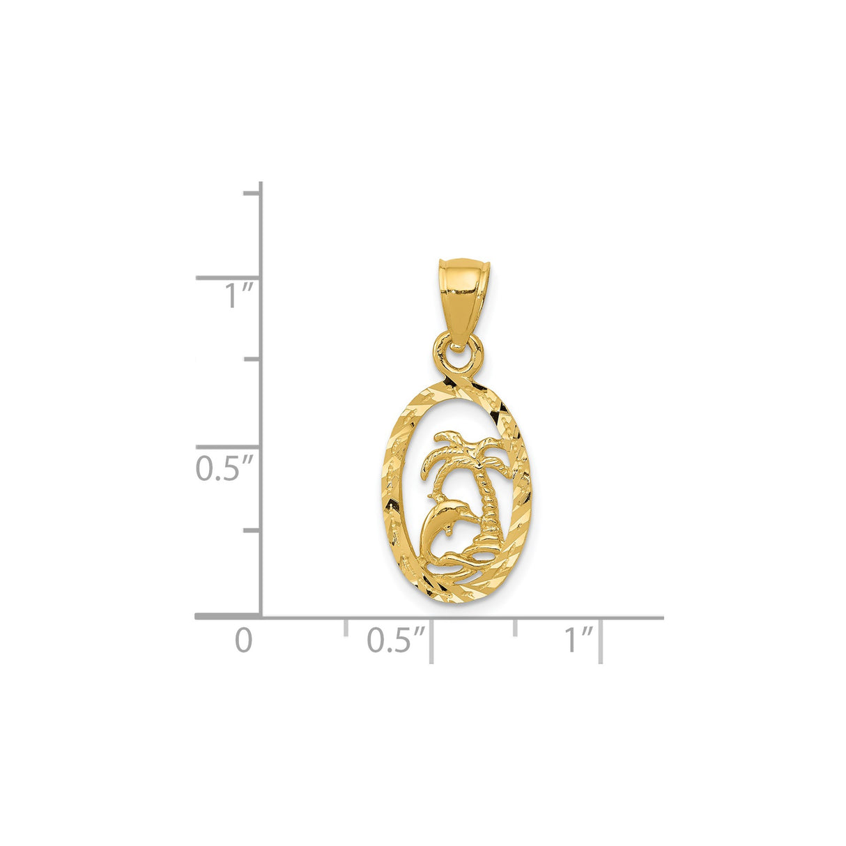 14k Yellow Gold Pendant with Leaping Dolphin and Palm Tree in Oval Frame, Tropical Beach Theme