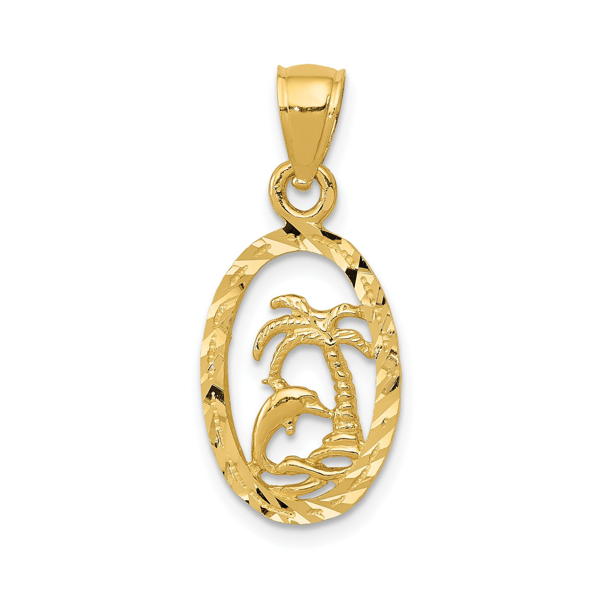 14k Yellow Gold Pendant with Leaping Dolphin and Palm Tree in Oval Frame, Tropical Beach Theme