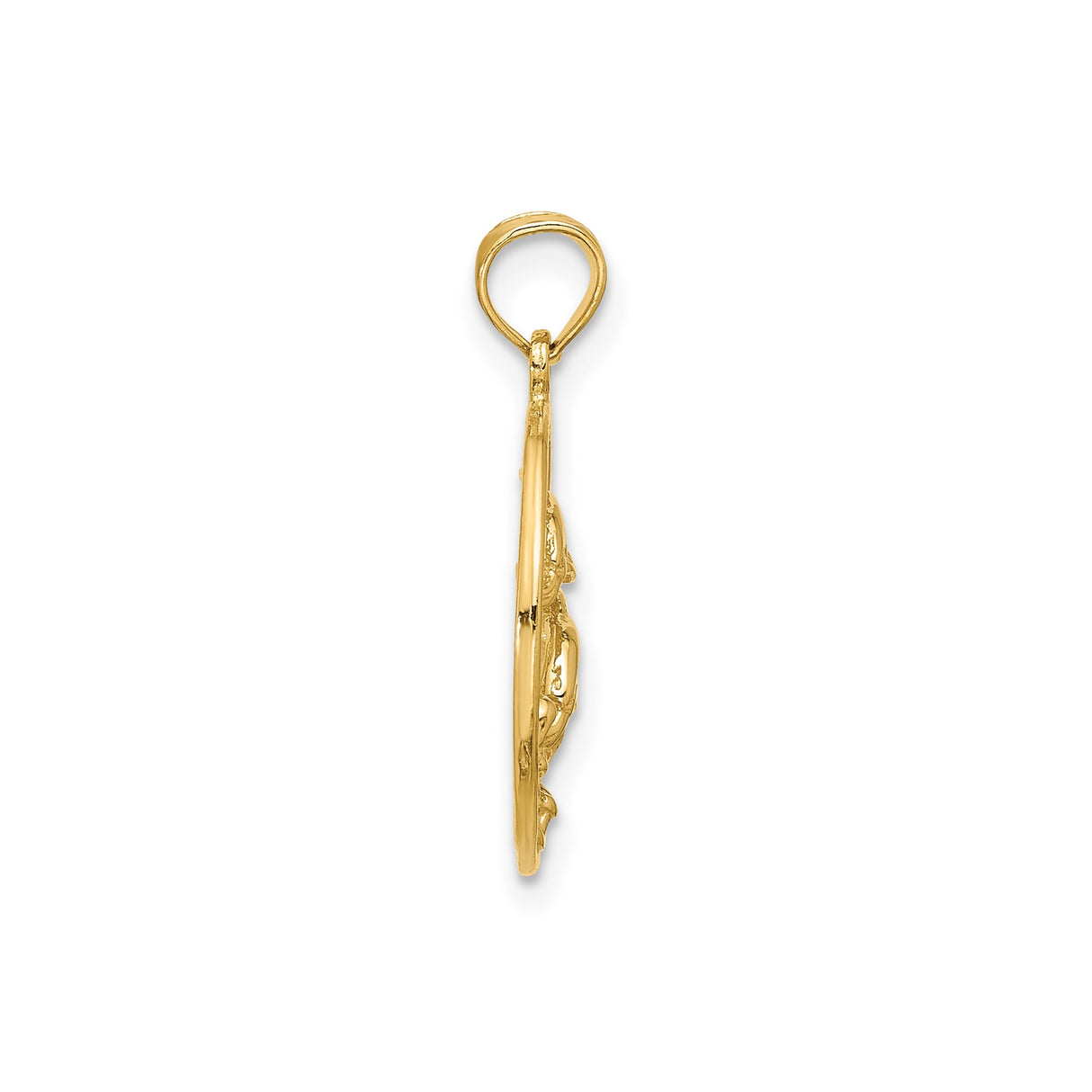 14k Yellow Gold Dolphin Pendant with Two Dolphins and Ocean Wave Circle Design