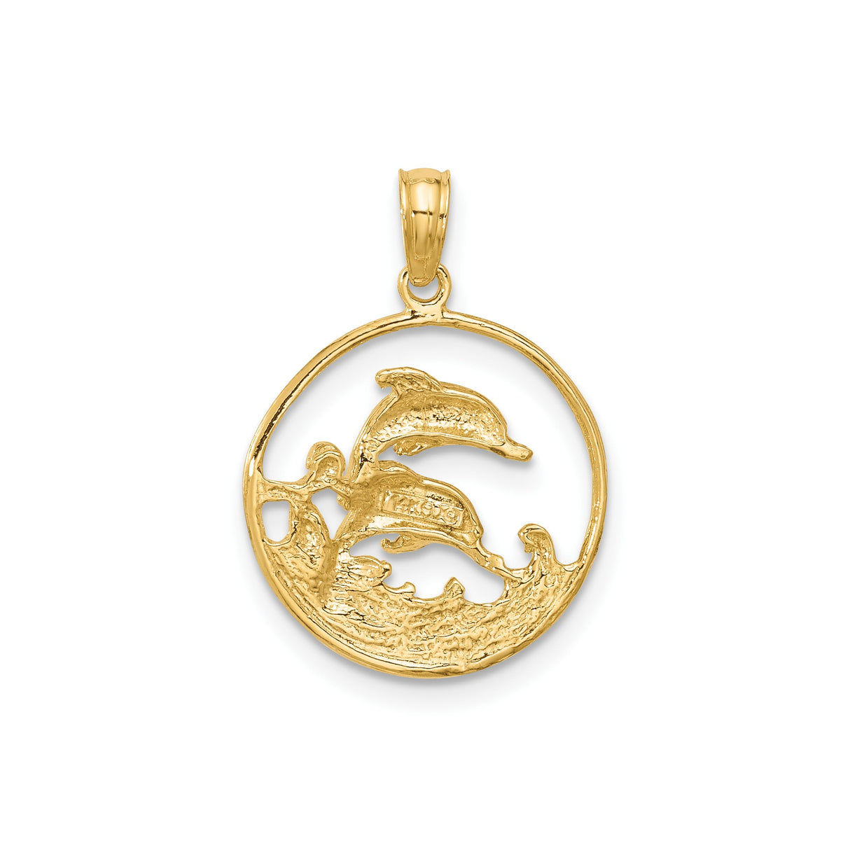 14k Yellow Gold Dolphin Pendant with Two Dolphins and Ocean Wave Circle Design