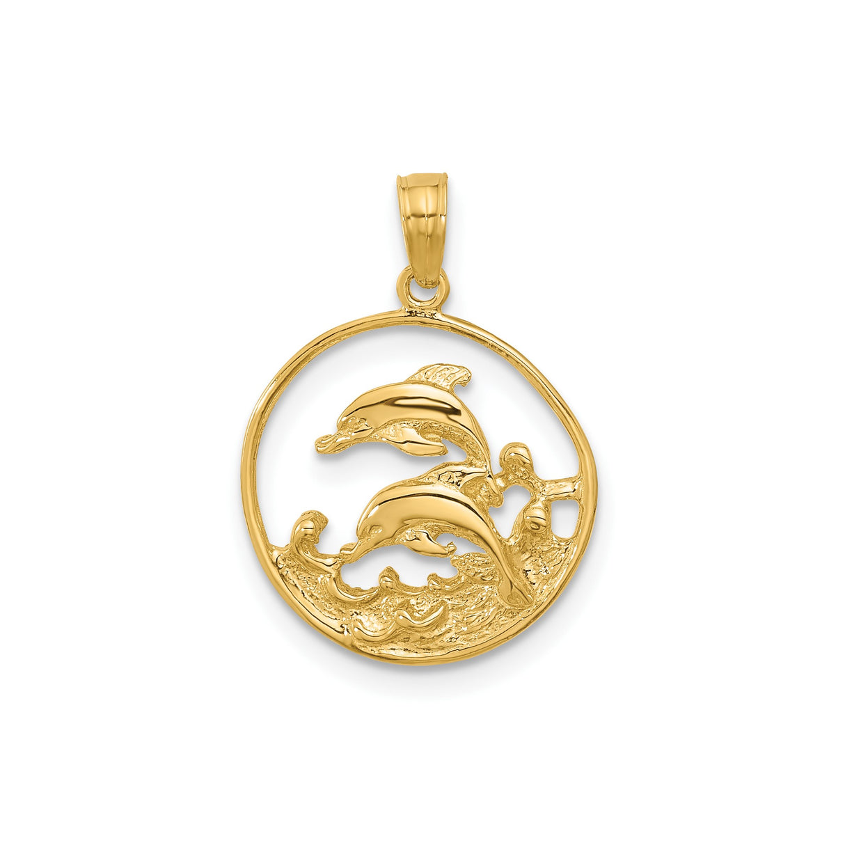14k Yellow Gold Dolphin Pendant with Two Dolphins and Ocean Wave Circle Design