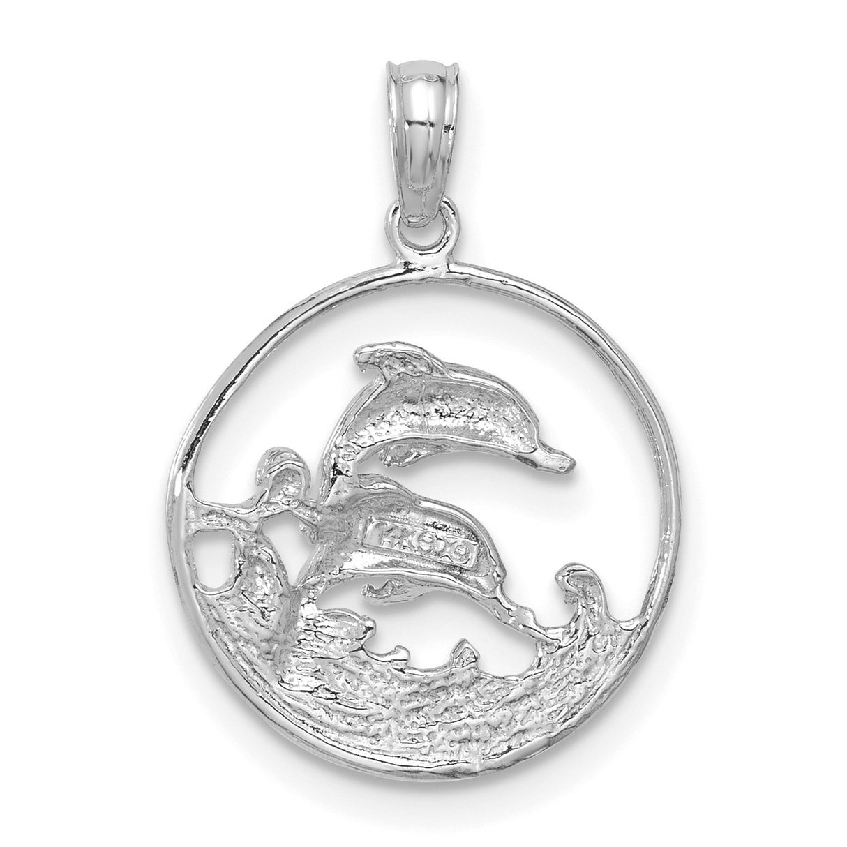 14k White Gold Dolphin Pendant with Ocean Wave Design, Marine Life Charm