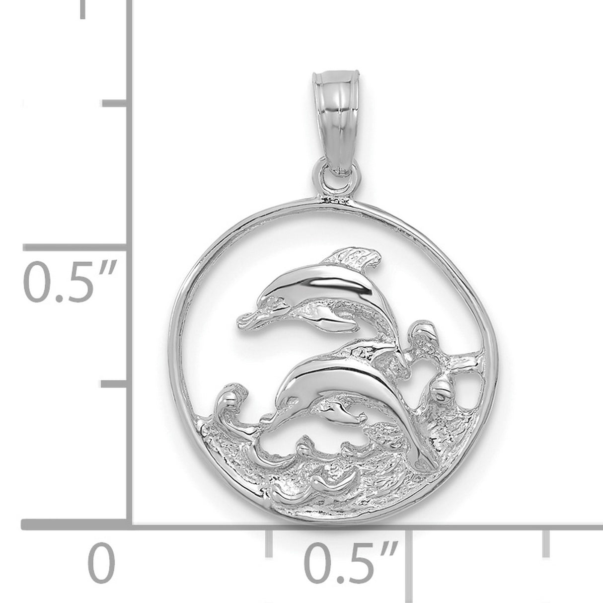 14k White Gold Dolphin Pendant with Ocean Wave Design, Marine Life Charm