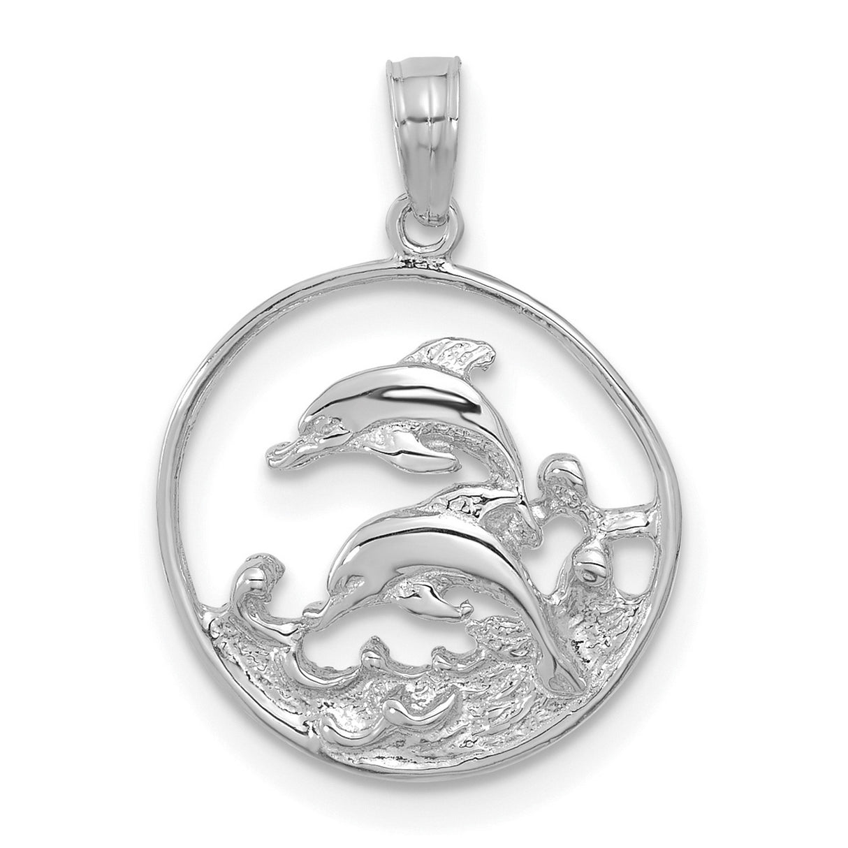 14k White Gold Dolphin Pendant with Ocean Wave Design, Marine Life Charm