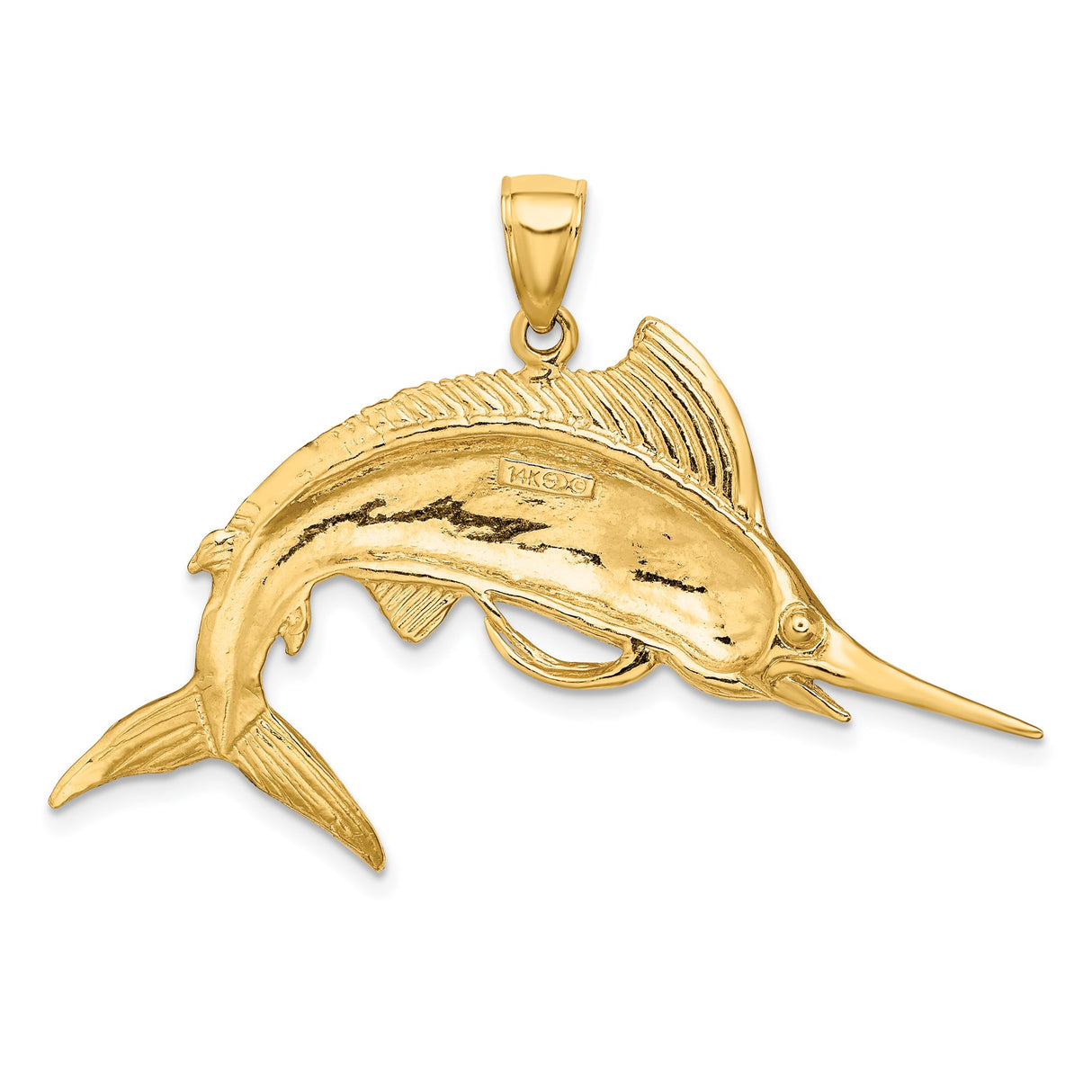 14k Yellow Gold Marlin Fish Pendant, Detailed Sailfish Ocean Life Charm for Men