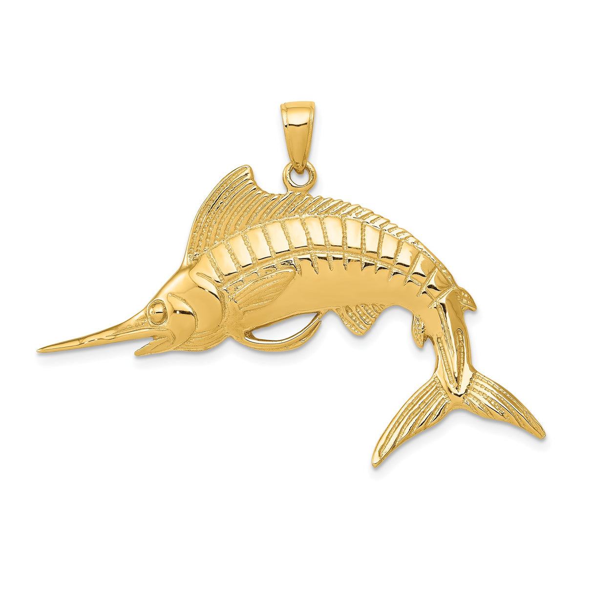 14k Yellow Gold Marlin Fish Pendant, Detailed Sailfish Ocean Life Charm for Men