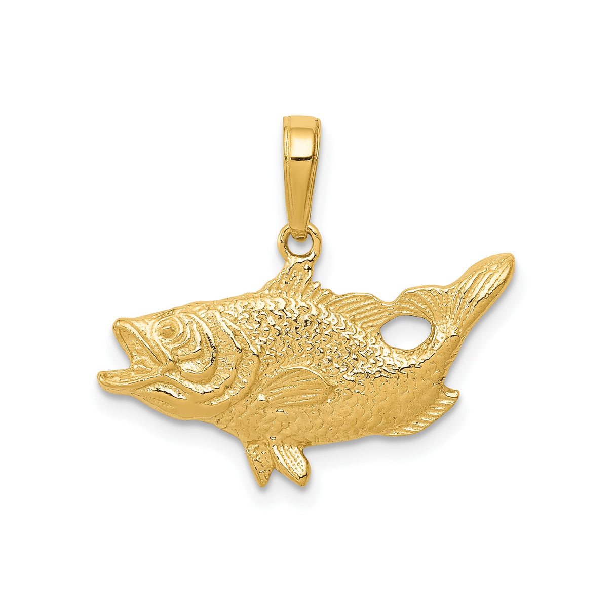 14k Yellow Gold Bass Fish Pendant, Detailed Angler Charm with Nature Motif for Men and Unisex