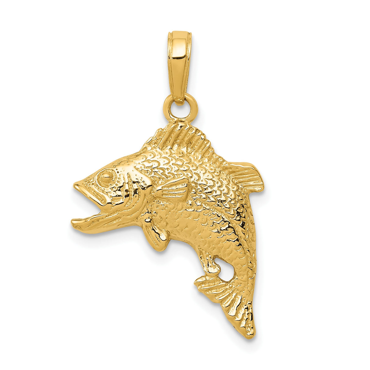 14k Yellow Gold Bass Pendant with Realistic Open Mouth Fish Design