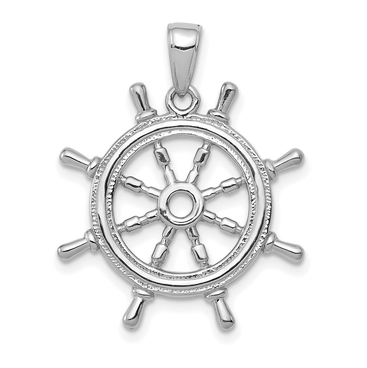 3-D Ships Wheel Charm Pendant in Real 14k White Gold