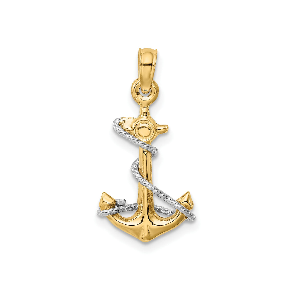 14k Two-Tone Gold Anchor Pendant with Rhodium Rope Detail, Nautical Religious Charm