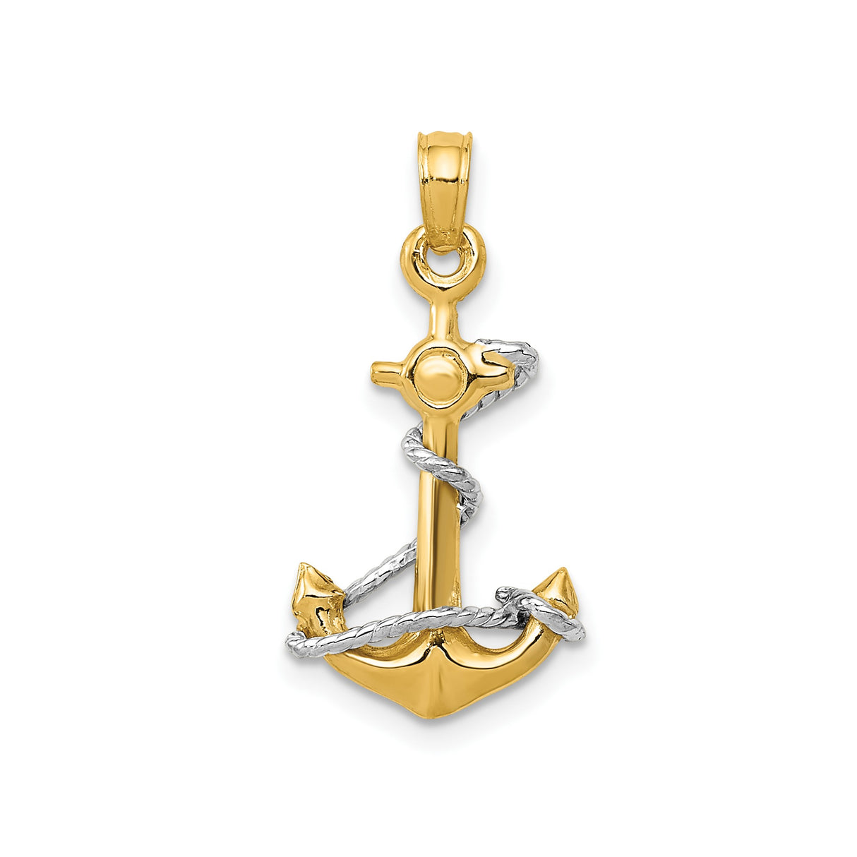 14k Two-Tone Gold Anchor Pendant with Rhodium Rope Detail, Nautical Religious Charm