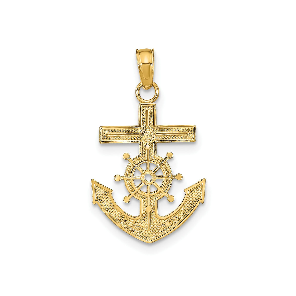14k Yellow Gold Anchor Cross Pendant with Ship Wheel, Nautical Mariner Symbol for Men and Women