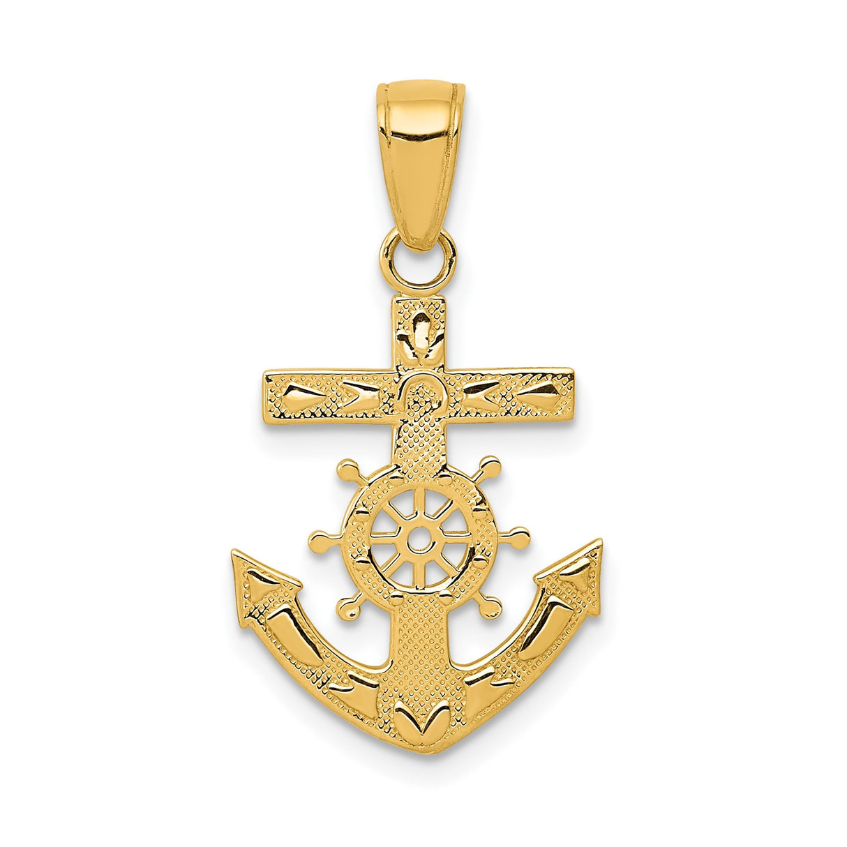 14k Yellow Gold Anchor Cross Pendant with Ship Wheel, Nautical Mariner Symbol for Men and Women