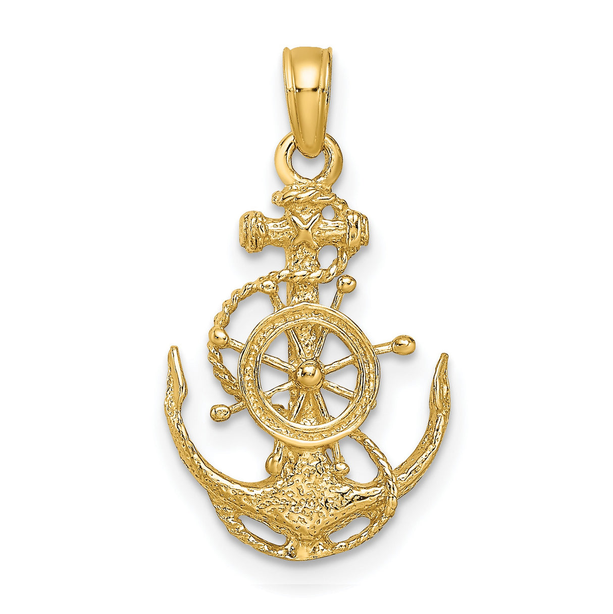 Small Sea Anchor With Wheel Charm Pendant in Real 14k Yellow Gold