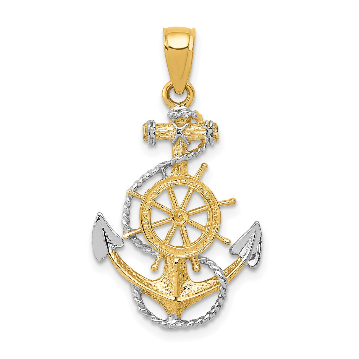 14k Multi-Tone Gold Nautical Pendant with Anchor, Ship Wheel and Rope Design for Men