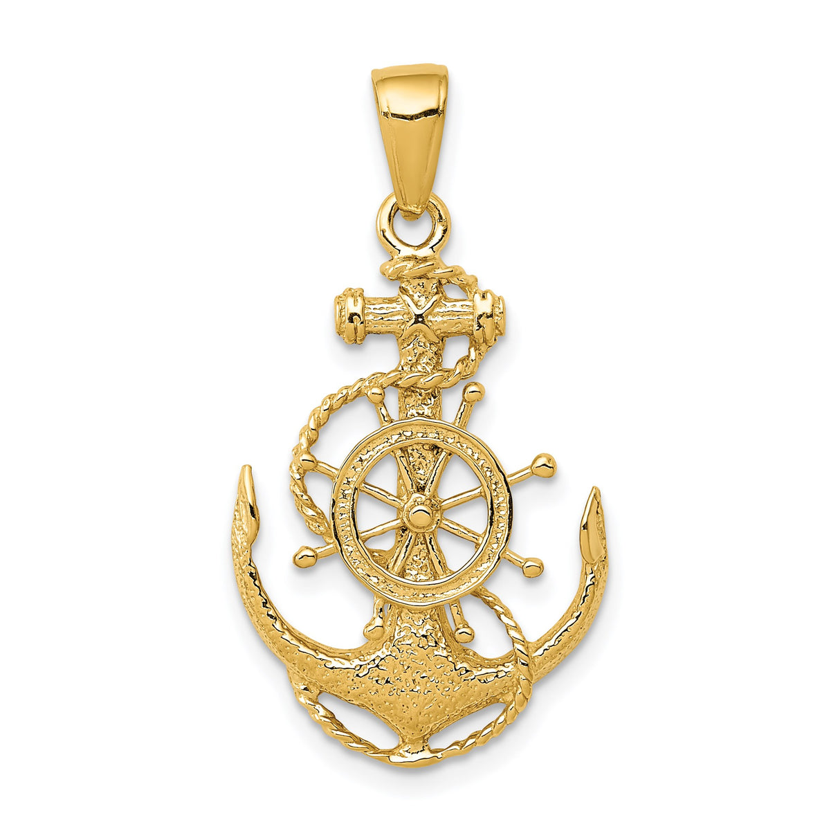 14k Yellow Gold Nautical Pendant with Ship Anchor and Captain Wheel Design