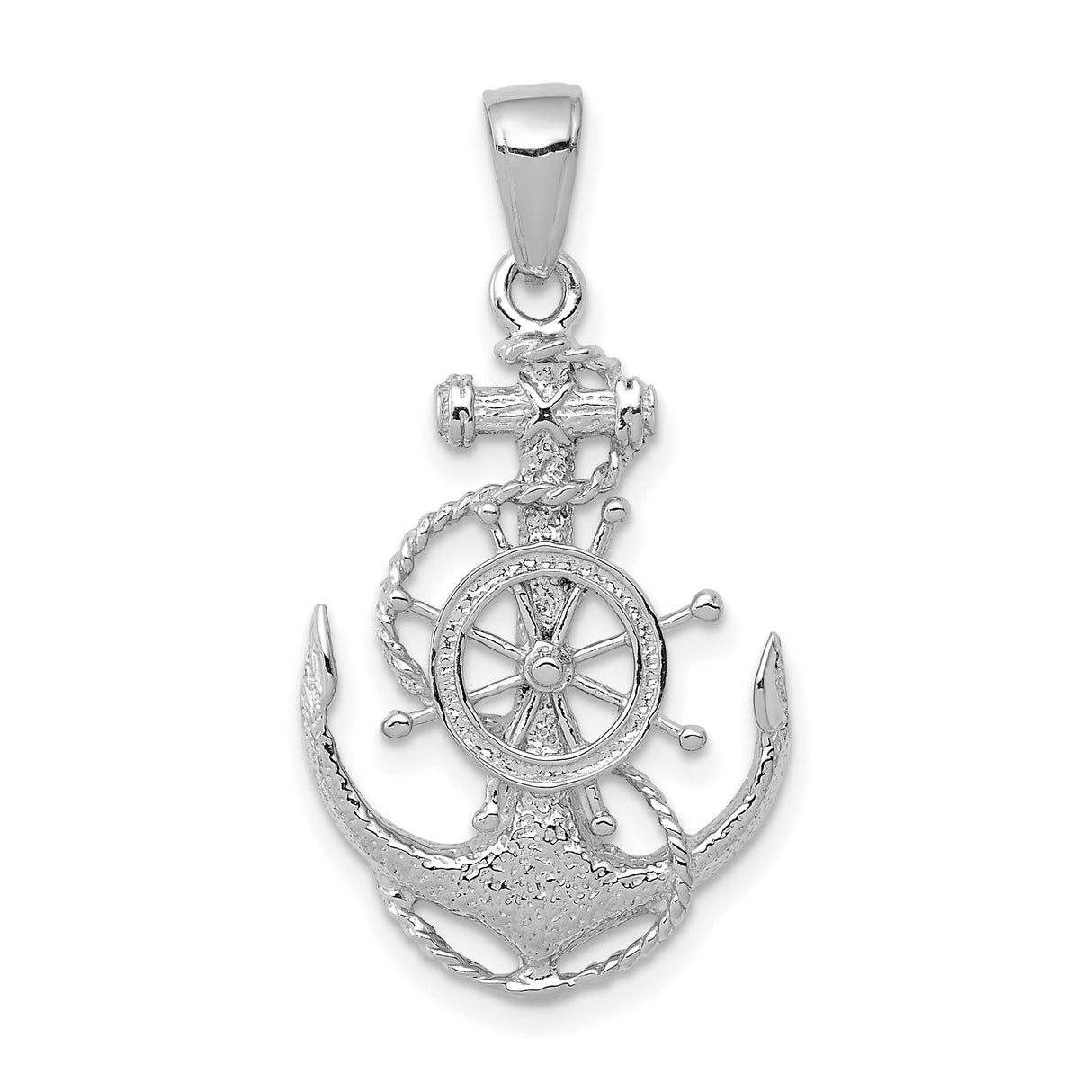 14k White Gold Anchor Pendant with Ship Wheel and Rope Detail, Nautical Charm for Men or Unisex