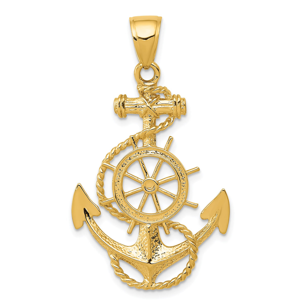 14k Yellow Gold Anchor Pendant with Ship Wheel and Rope Nautical Design