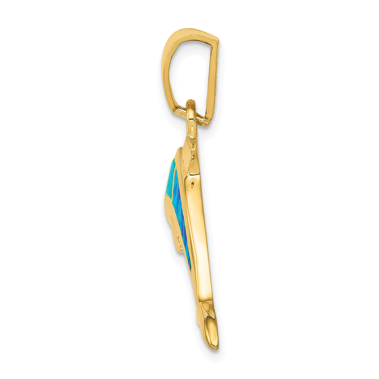 14k Yellow Gold Dolphin Pendant with Lab Created Blue Green Opal Inlay, Coastal Marine Theme
