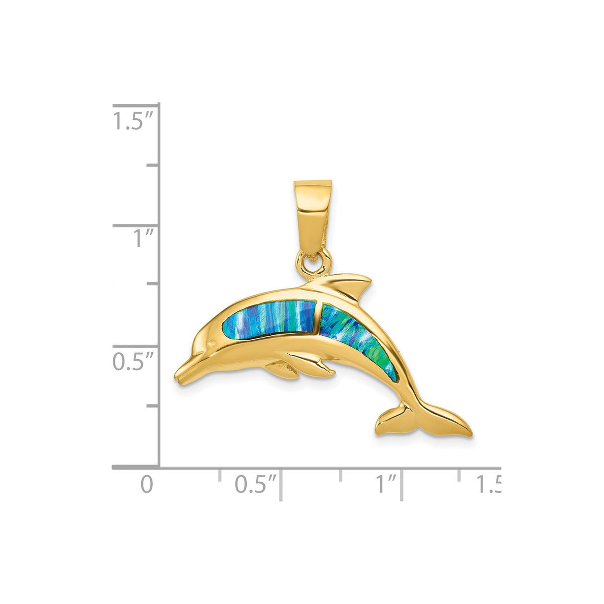 14k Yellow Gold Dolphin Pendant with Lab Created Blue Green Opal Inlay, Coastal Marine Theme