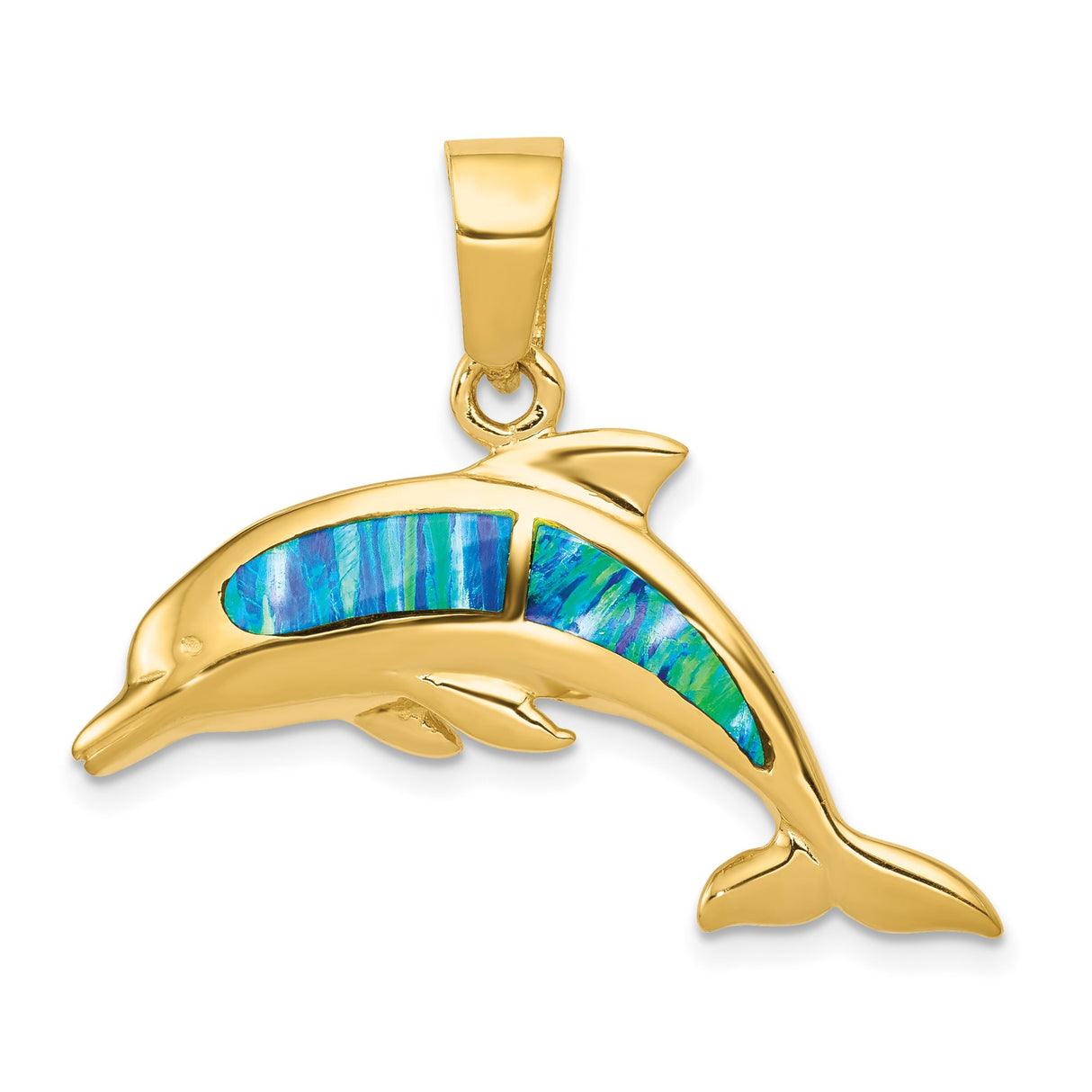 14k Yellow Gold Dolphin Pendant with Lab Created Blue Green Opal Inlay, Coastal Marine Theme