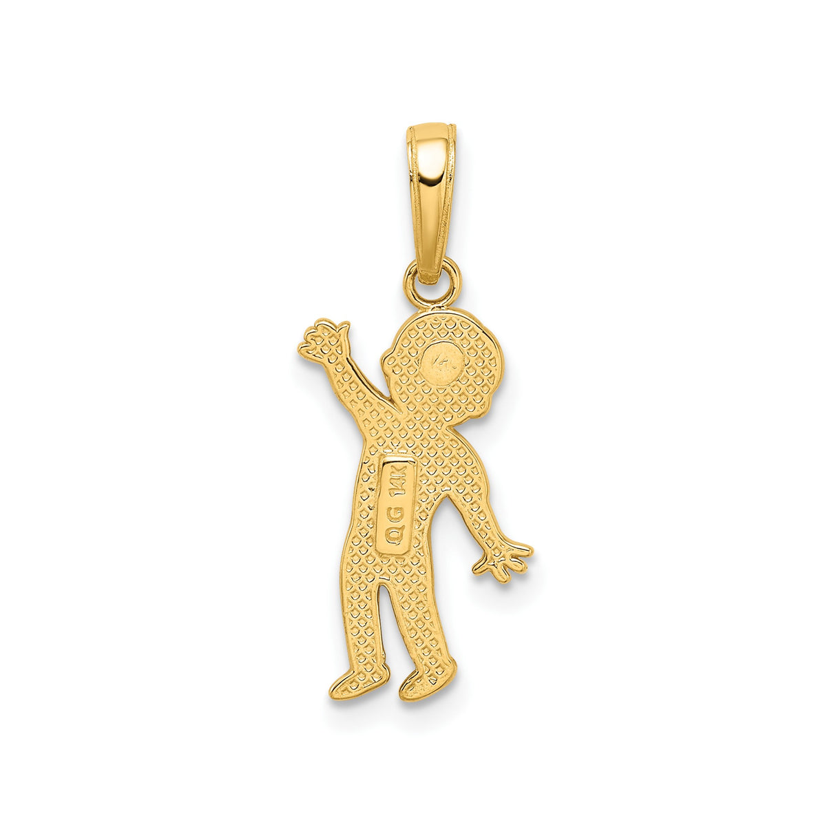 14k Yellow Gold Boy Charm Pendant with Textured Clothing and Raised Hand Design