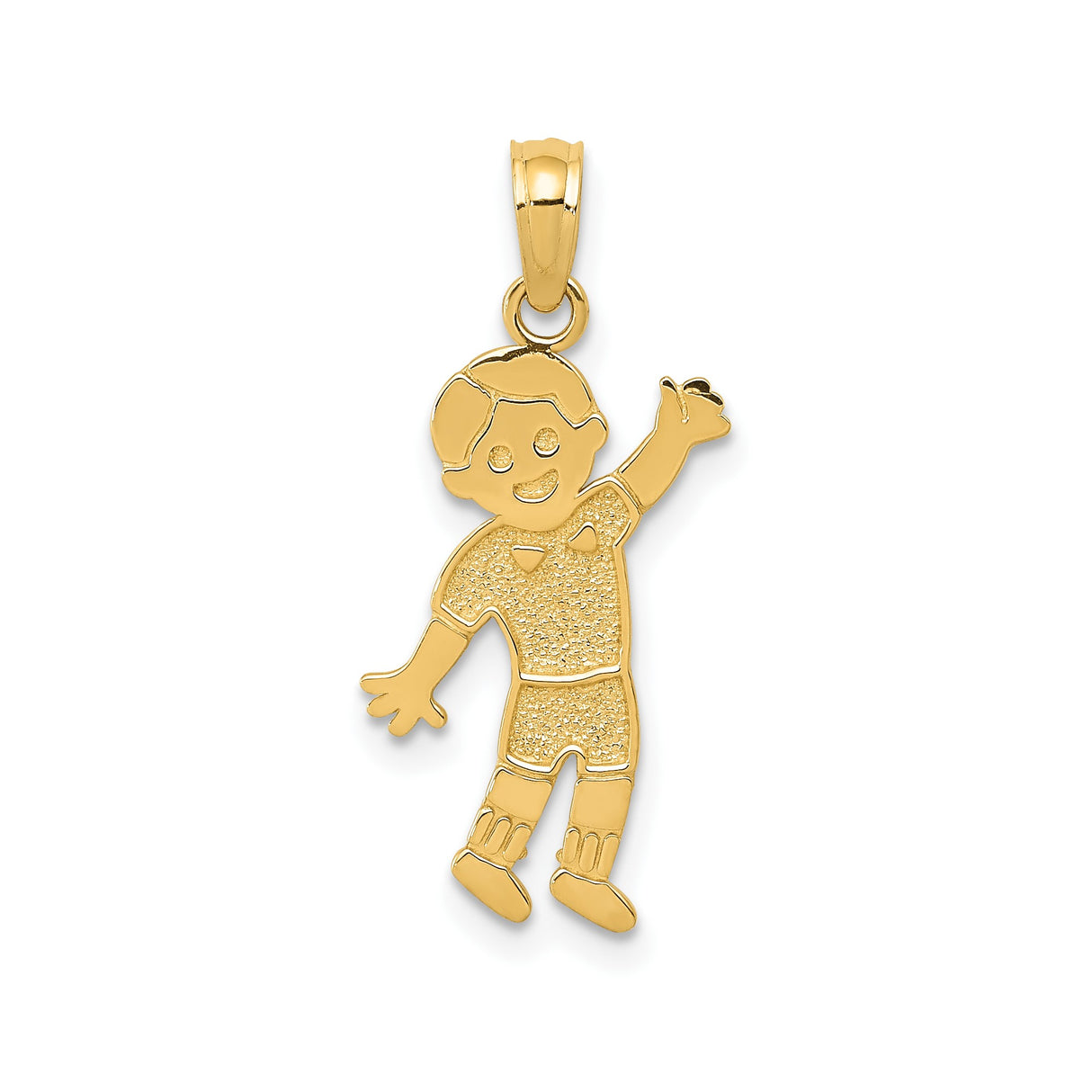14k Yellow Gold Boy Charm Pendant with Textured Clothing and Raised Hand Design