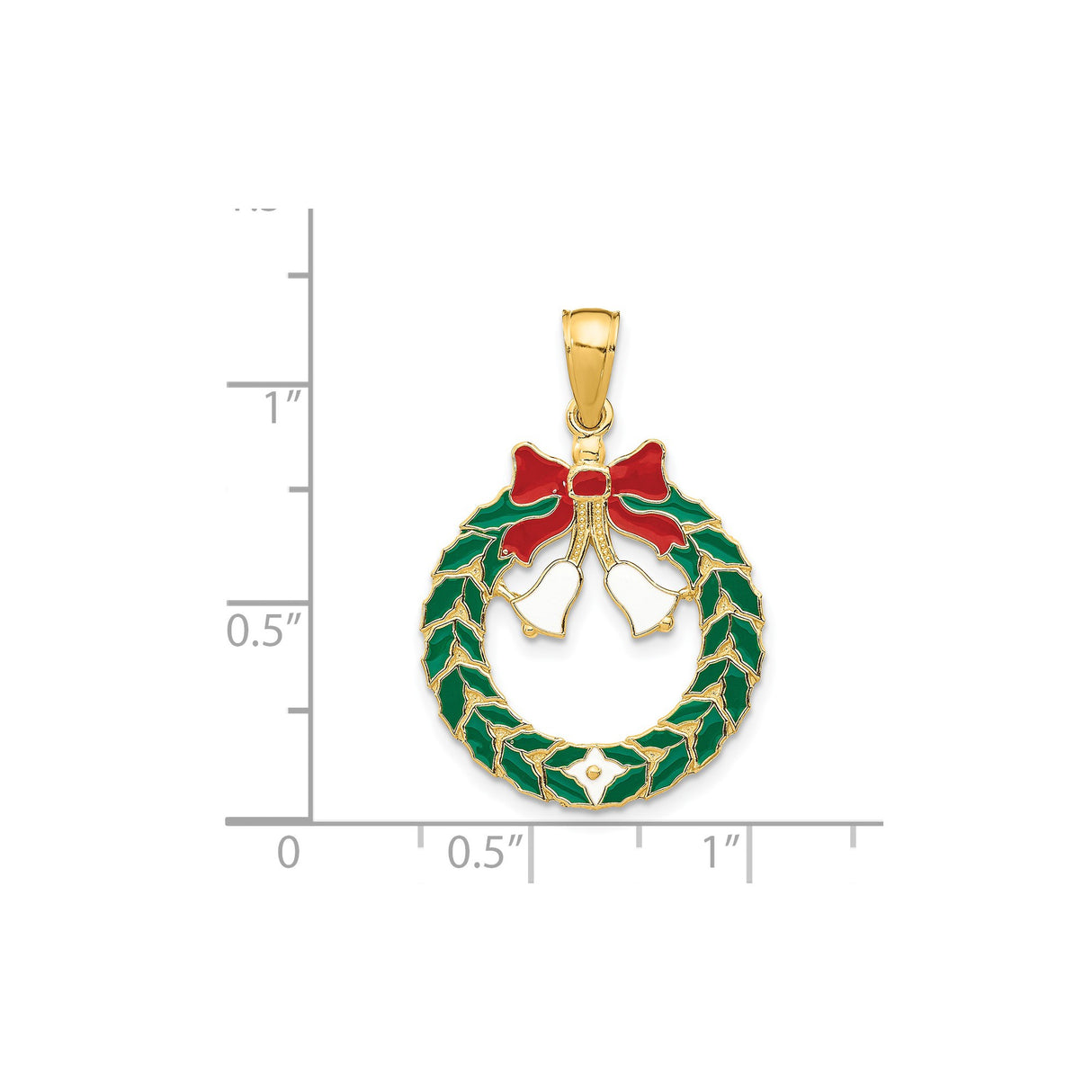 14k Yellow Gold Christmas Wreath Pendant with Red Bow and White Bells