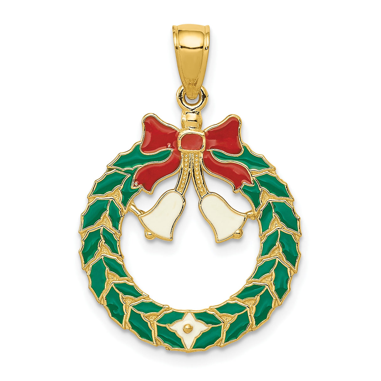 14k Yellow Gold Christmas Wreath Pendant with Red Bow and White Bells