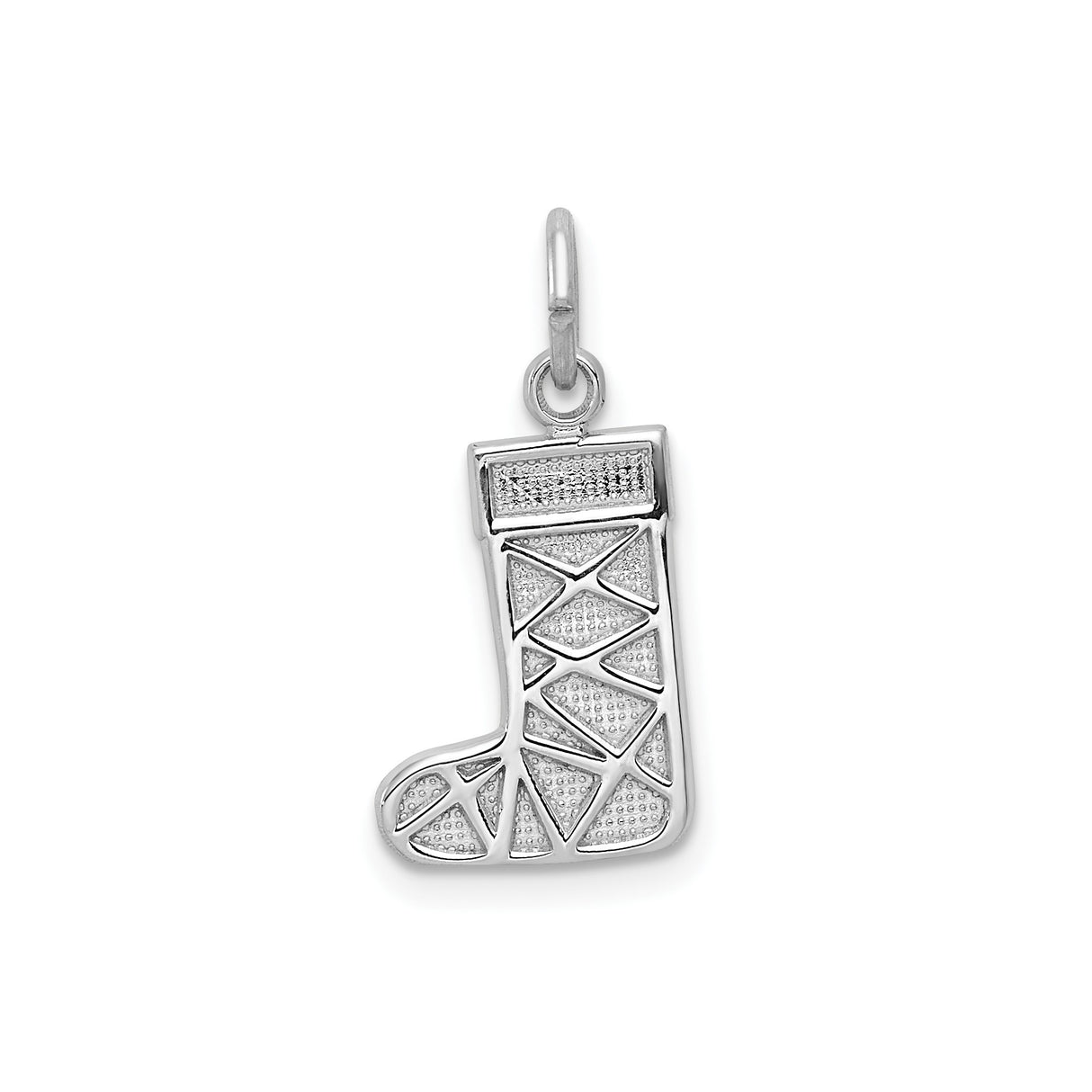 14k White Gold Christmas Stocking Pendant with Geometric Texture and Holiday Charm