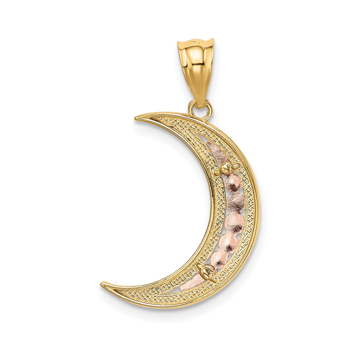 14k Multi-Tone Gold Crescent Moon Pendant with Textured Diamond Cut Finish, Celestial Boho Jewelry for Women