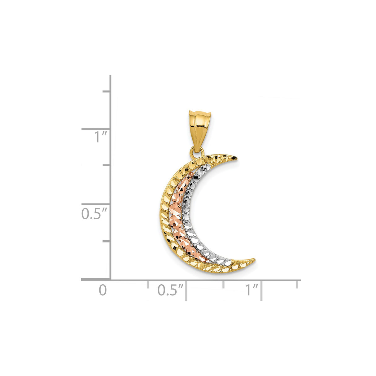 14k Multi-Tone Gold Crescent Moon Pendant with Textured Diamond Cut Finish, Celestial Boho Jewelry for Women