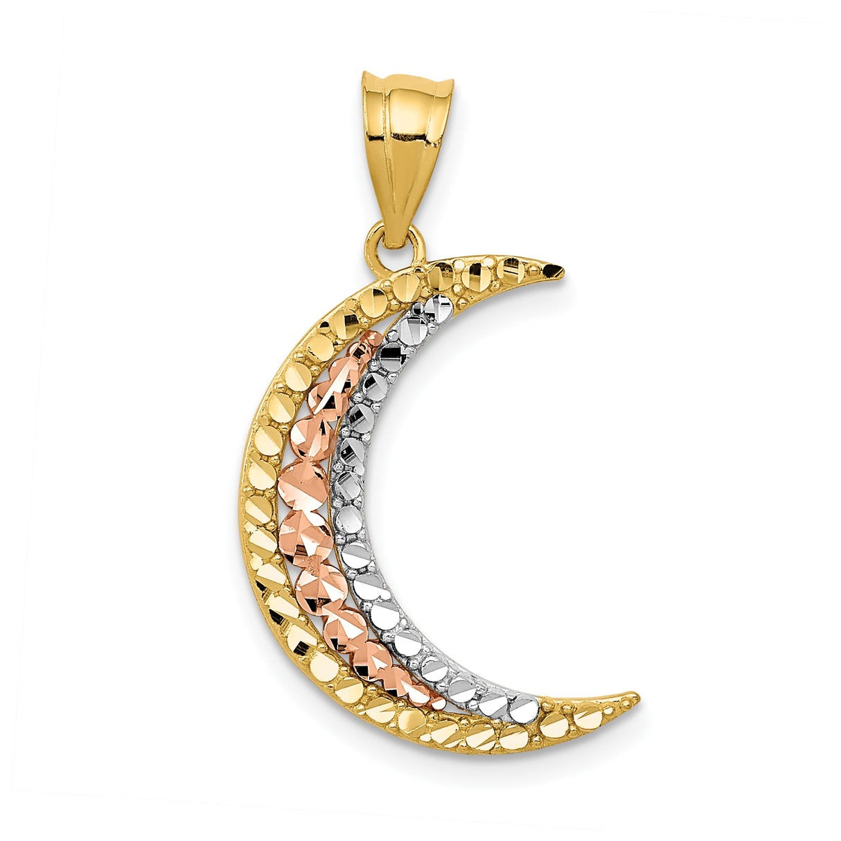 14k Multi-Tone Gold Crescent Moon Pendant with Textured Diamond Cut Finish, Celestial Boho Jewelry for Women