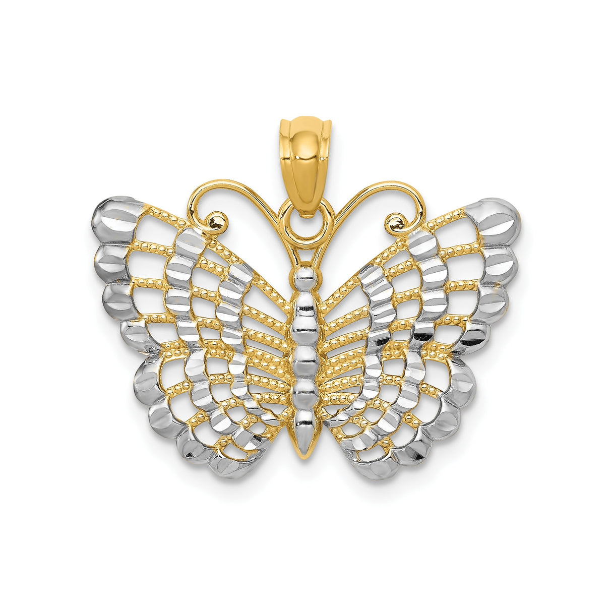 14k Multi-Tone Gold Butterfly Pendant with Rhodium Accents, Openwork Design, Textured Finish