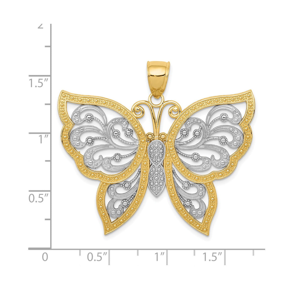 14k Multi-Tone Gold Butterfly Pendant with Rhodium Filigree Wings, Nature-Inspired Design