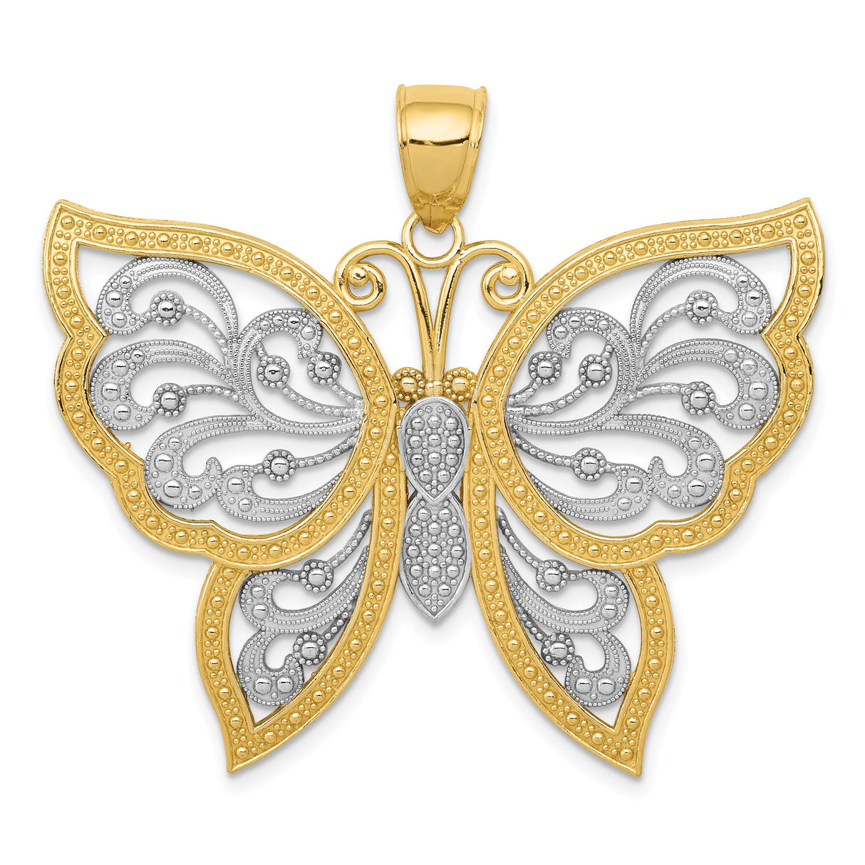 14k Multi-Tone Gold Butterfly Pendant with Rhodium Filigree Wings, Nature-Inspired Design