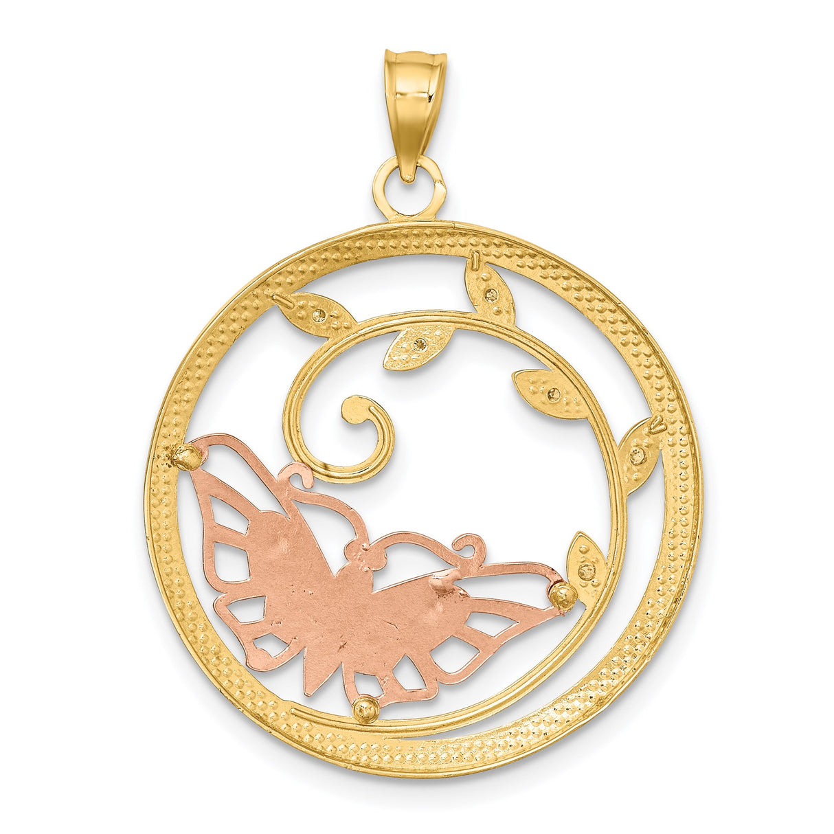 14k Multi-Tone Gold Pendant with Rose Gold Butterfly and White Gold Leaf Accents