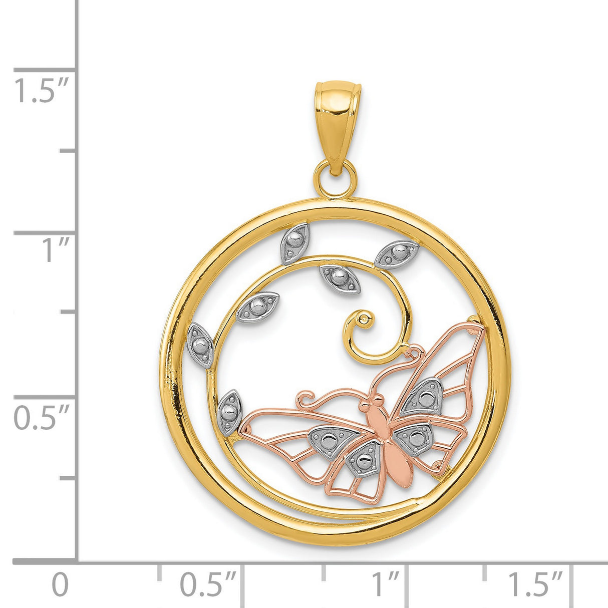 14k Multi-Tone Gold Pendant with Rose Gold Butterfly and White Gold Leaf Accents