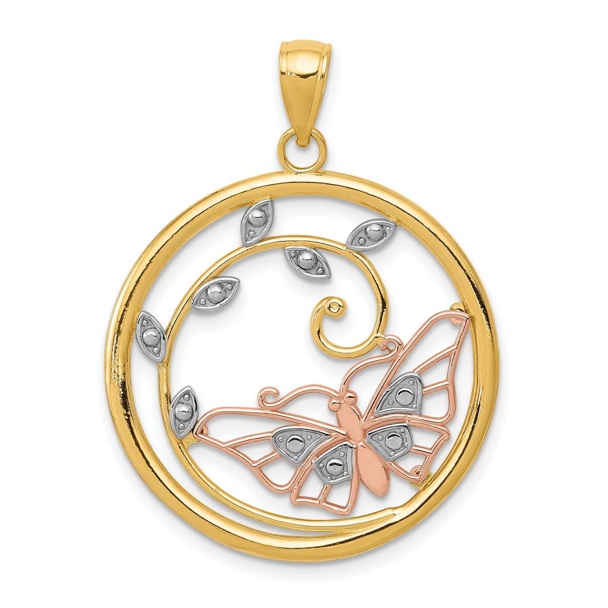 14k Multi-Tone Gold Pendant with Rose Gold Butterfly and White Gold Leaf Accents
