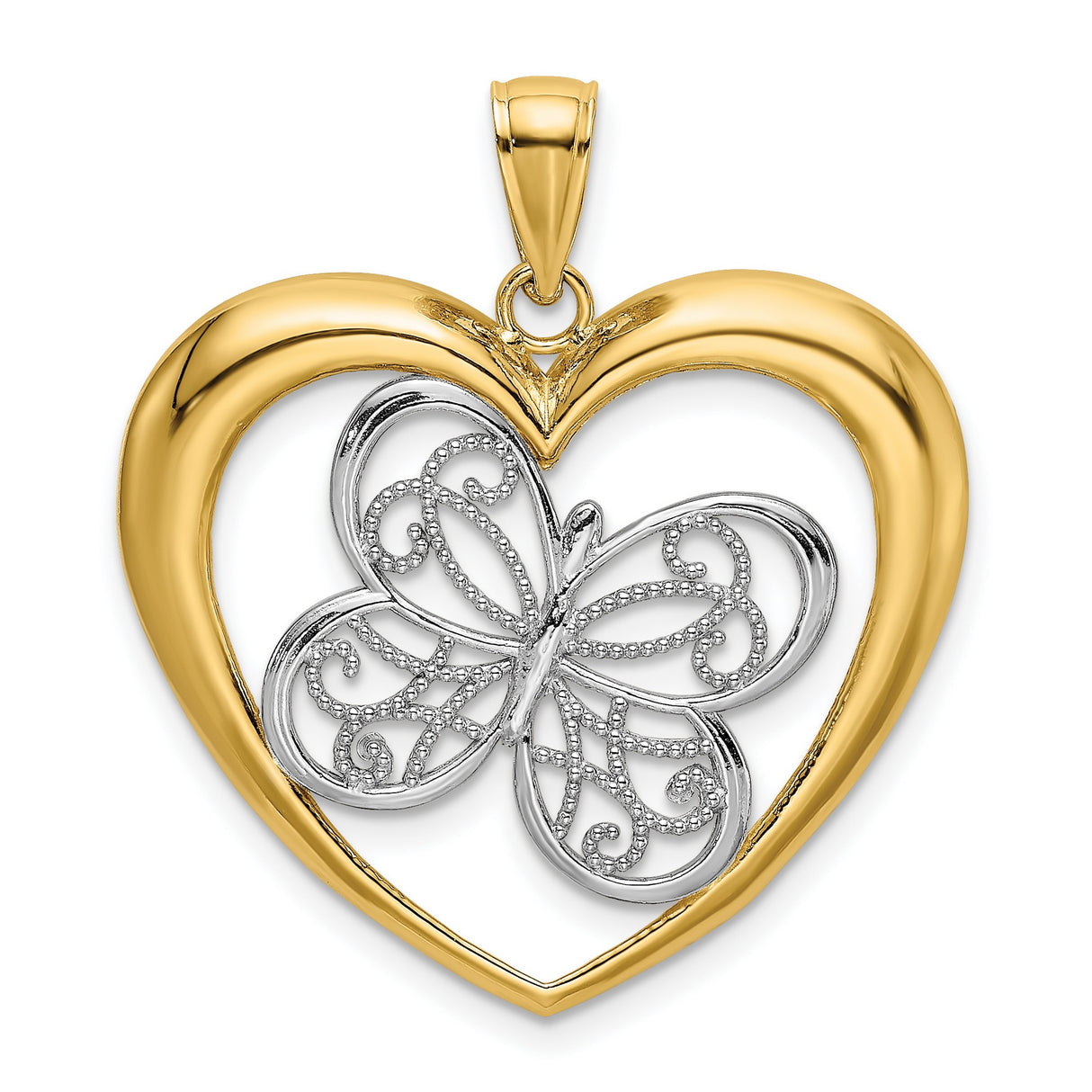 14k Multi-Tone Gold Heart Pendant with Filigree Butterfly Design, Nature Inspired Jewelry for Women