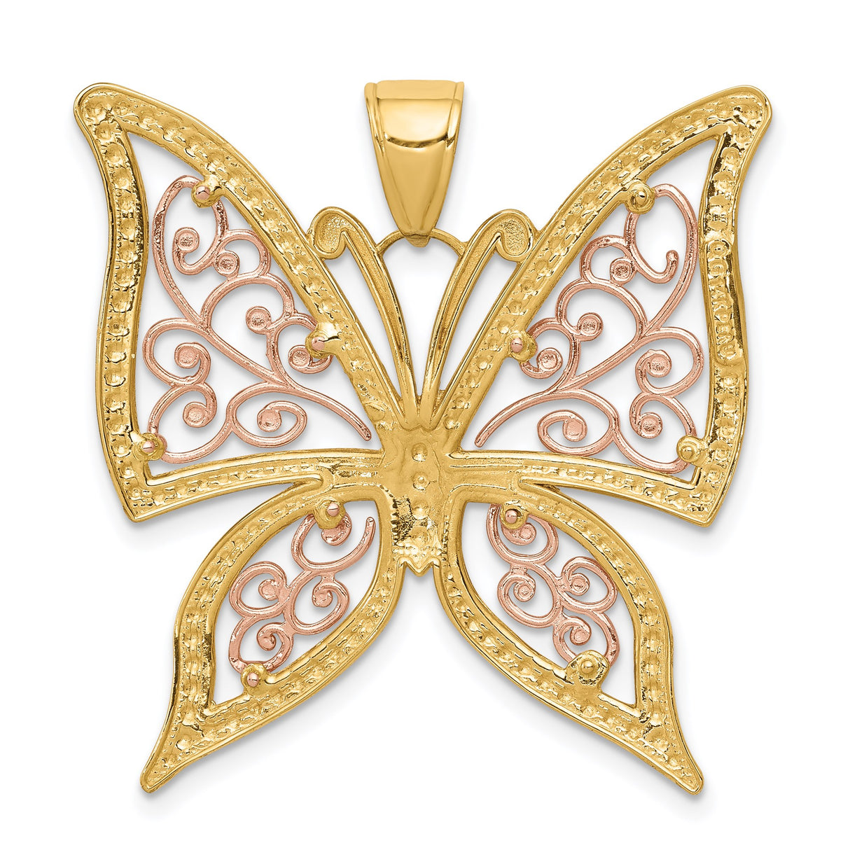14k Two-Tone Gold Butterfly Pendant with Rose, Yellow, and White Filigree Detailing