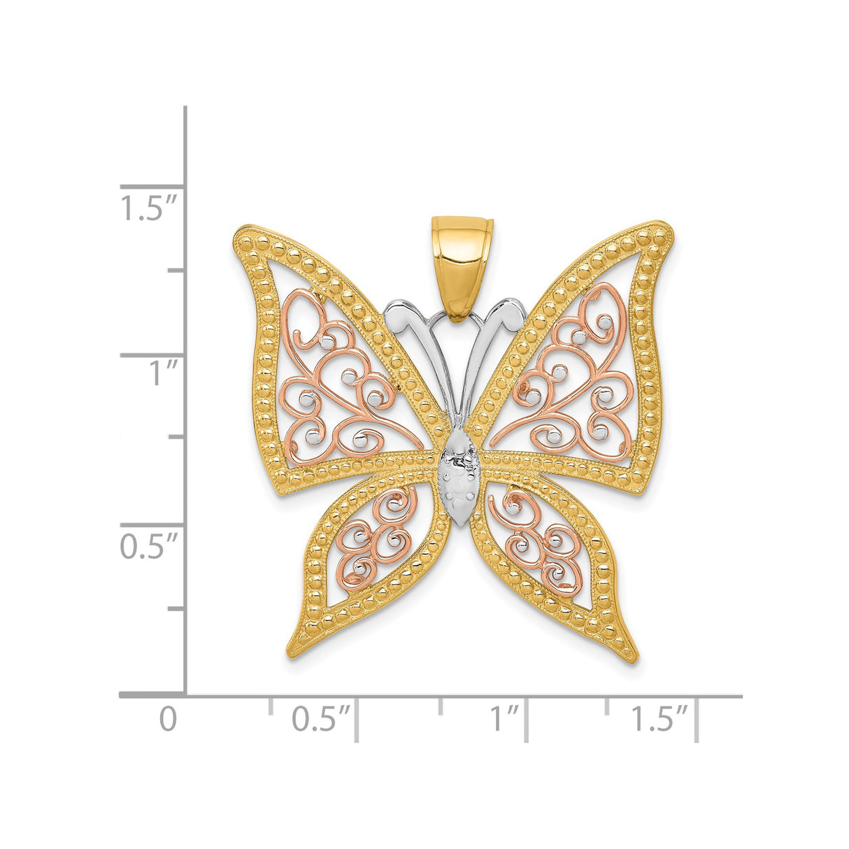 14k Two-Tone Gold Butterfly Pendant with Rose, Yellow, and White Filigree Detailing