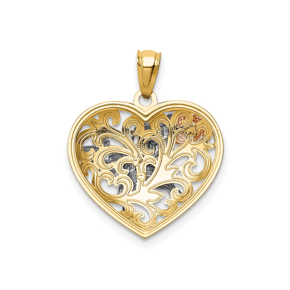 14k Tri-Color Gold Heart Pendant with Rose, Butterfly, and Filigree Motifs for Women