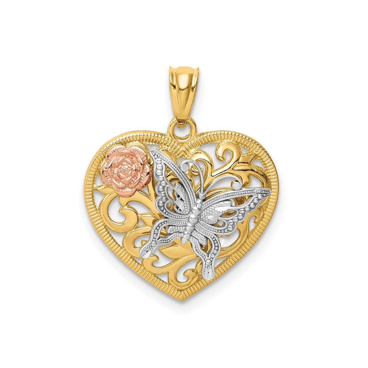 14k Tri-Color Gold Heart Pendant with Rose, Butterfly, and Filigree Motifs for Women