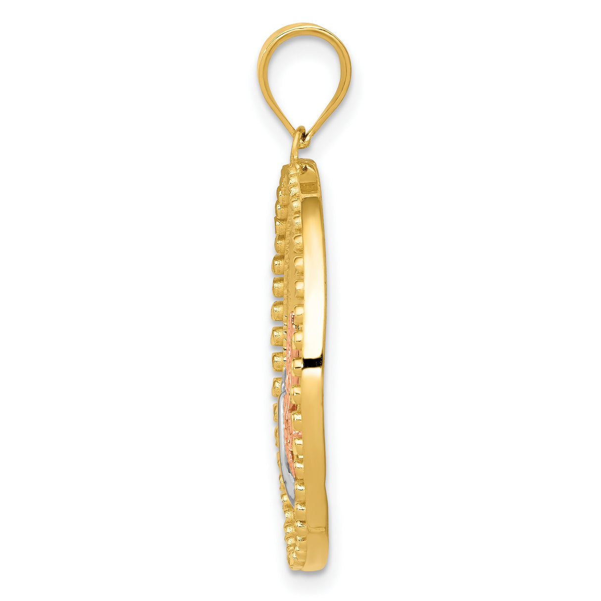 14k Two-Tone Gold Dragonfly Pendant with Filigree Rose Gold Design and Textured Circle